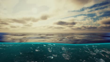 Split-view-over-and-under-water-in-the-Caribbean-sea-with-clouds